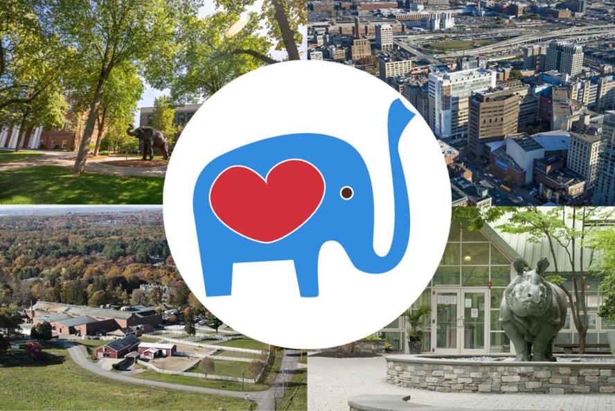 An illustration of a blue elephant with a large red heart is at the center of four photos of the Tufts University campuses.