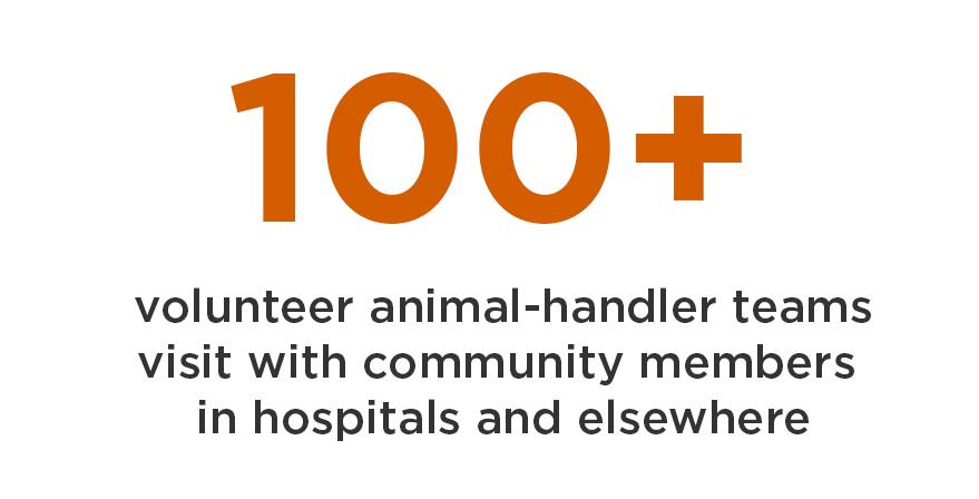 100+ Volunteer animal-handler teams trained by Paws for People at the Cummings School of Veterinary Medicine visit with community members in nursing homes, mental health care settings, hospitals, youth group homes, public schools, libraries, and elsewhere.