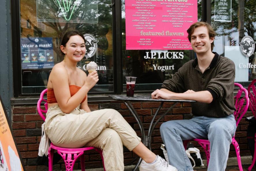 Two Tufts students enjoying ice cream at JP Licks at Discover Davis 2019.