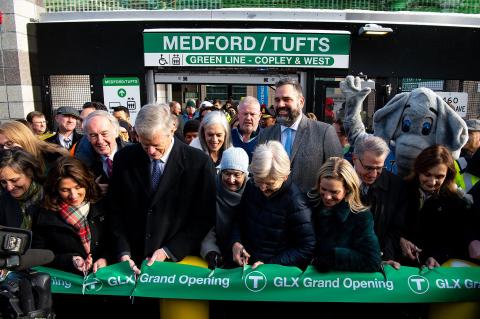 The ribbon-cutting ceremony at the grand opening of the Medford/Tufts University MBTA stop on the Green Line