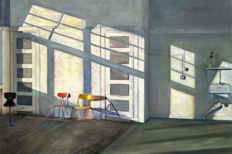 a painting of an empty room with folding chairs