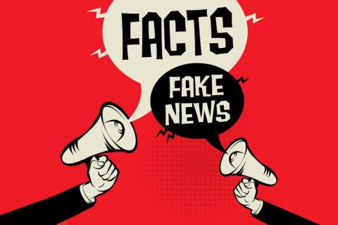 illustration of two arms holding bullhorns, with one shouting Facts and the other Fake News