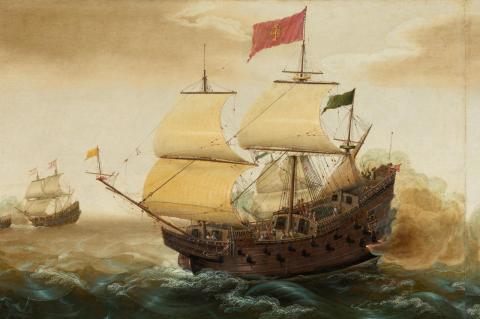Painting of a large Spanish warship from the 1600s firing its cannon. Historian Diego Javier Luis had to plumb the far corners of archives to unearth the stories of Filipinos and others who came to colonial Mexico starting in the 1500s