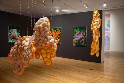 two soft sculptures hang in a gallery