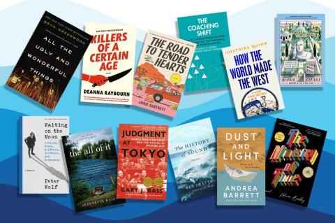 Grid of 12 book covers overlaid on a wavy blue background. Find a new favorite book from more than 35 offerings of fiction, nonfiction, and poetry, chosen by faculty and staff at Tufts 