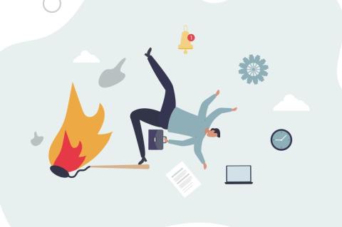 Illustration of a person with four arms, one holding a briefcase, tripping on the handle of a pan on fire, with a clock and laptop off to the side.