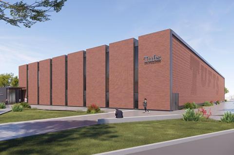 Architectural rendering of the new Tufts University aquatics center, showing a modern red-brick building with vertical panels and landscaped walkways