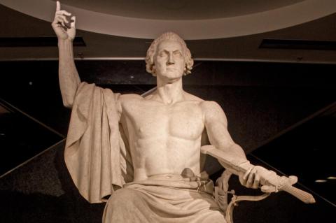 A large statue of George Washington wearing a Greek toga