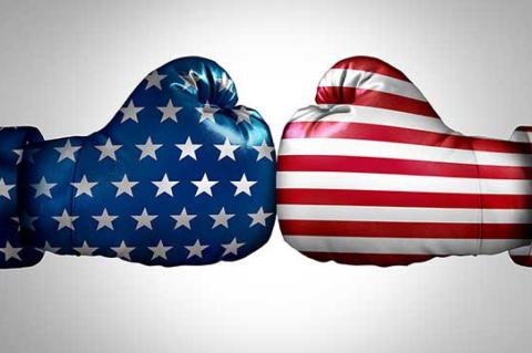 an illustration of two boxing gloves decorated with elements from the American flag